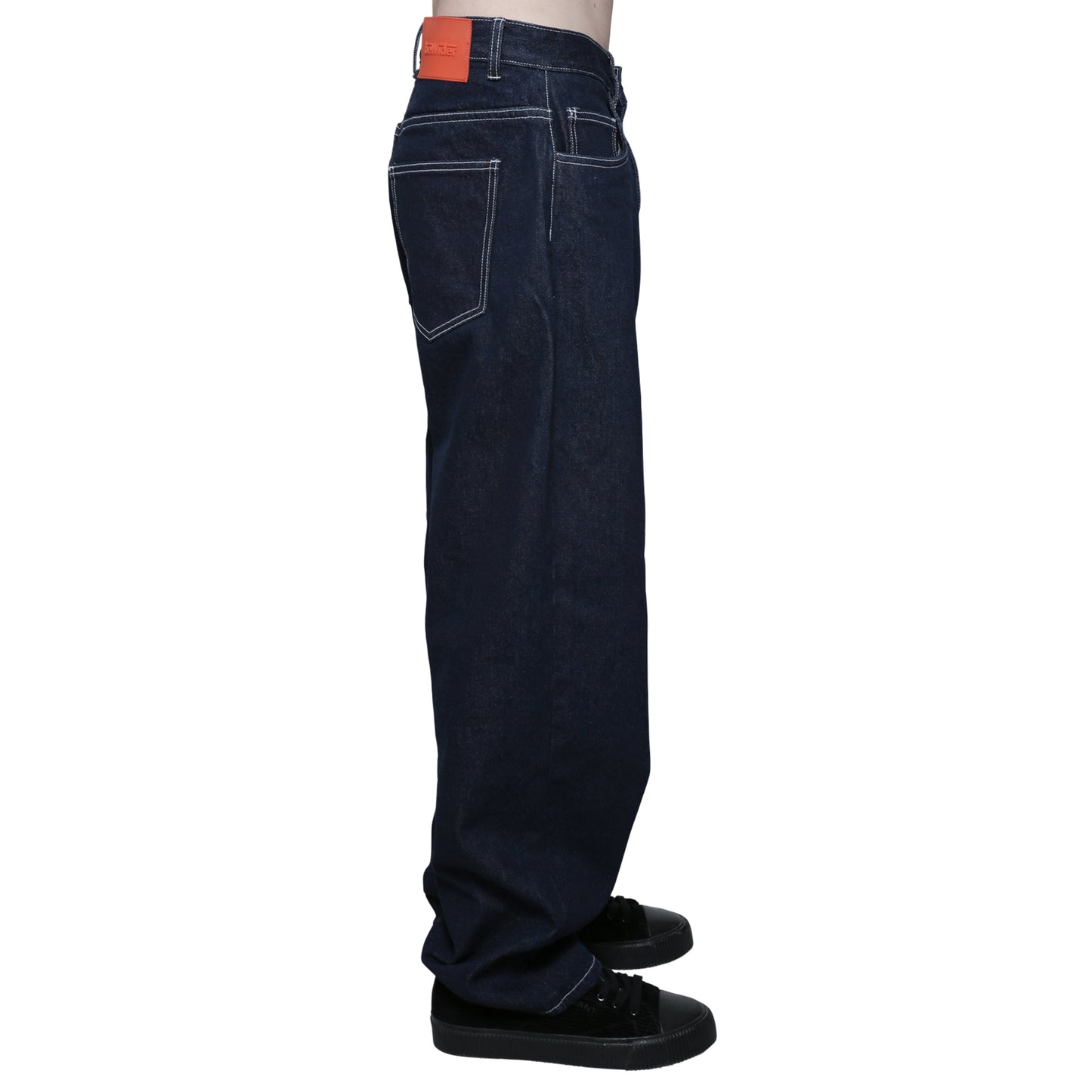 Super loose, Dark blue denim with white stitches